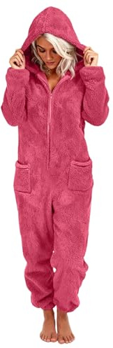 DACONGMING Combinaison Pyjama Femme Hiver Chaud Polaire Pyjama Pilou Pilou Femme Zippée À Capuche Moelleux Combinaisons Une Pièce Peluche Oreilles de Chat Loungewear Grenouillere avec Poches