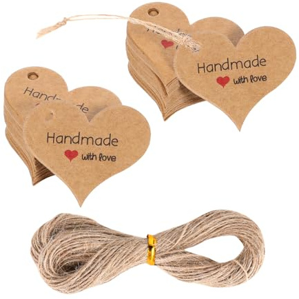 100 Stück Geschenkanhänger Handmade with Love Anhänger Hochzeit Anhänger Kraftpapier Etiketten mit 20M Juteschnur Herz Hochzeit Papieranhänger für Valentinstag Weihnachten Geschenkverpackung