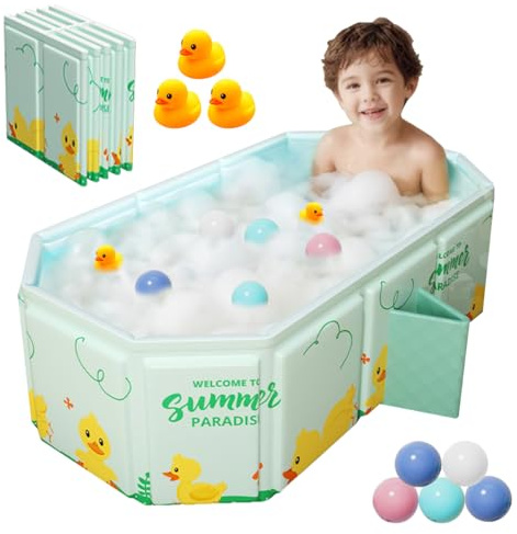 Bañera plegable para Niños, Bañera Grande para Niños Pequeños,Bañera Portátil con Juguetes para Niños,Trae 5 pelotas oceánicas y 2 patitos de goma gigantes (Azul)