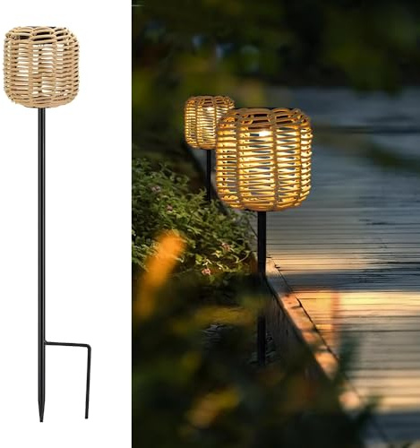 WRQIOO 1 Stück Rattan Solarleuchten für Außen, Solarstecker für Außen Garten, Solarlampen für Au-ßen Garten, Wasserdichtes Solar Gartenstecker, LED Gartenleuchten Solar für Rasen Hof Patio Deko