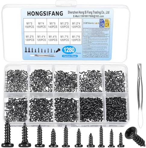 1280 Piezas Tornillos Autorroscantes, M1 M1.2 M1.4 M1.7 | Micro tornillos cabeza redonda Phillips, para reparar ordenador, gafas, relojes, laptop