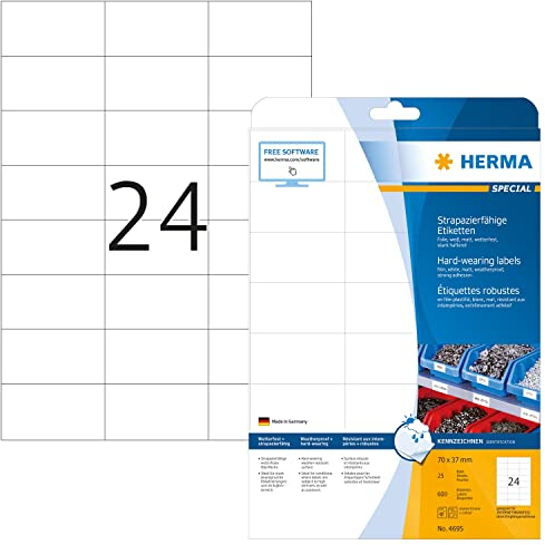 HERMA 4695 Wetterfeste Folienetiketten, 25 Blatt, 70 x 37 mm, 24 pro A4 Bogen, 600 Stück, selbstklebend, bedruckbar, matt, blanko Klebeetiketten Aufkleber aus Folie, weiß