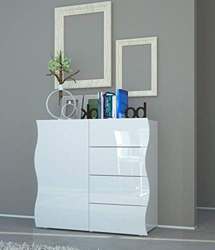 Web Convenienza Buffet de mer 1 Porte et 4 tiroirs Blanc laqué Brillant fabriqué en Italie avec Portes en Bois – Frontales Motif ondulant