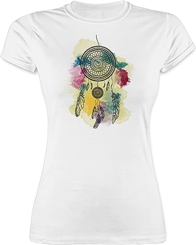 Shirt Damen - Sprüche Statement - Traumfänger Wasserfarbe Dreamcatcher Watercolor - S - Weiß - indianische Tshirts Funshirts mit Aufschrift Feder Tshirt Statements-Shirts Statements Federn