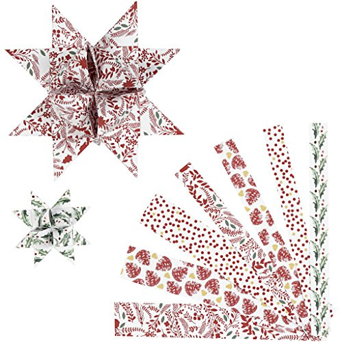 Paper 100263 Star Strips, W: 15+25 mm, D: 6,5+11,5 cm, weiß, rot, metallische Folie, 48 Stück