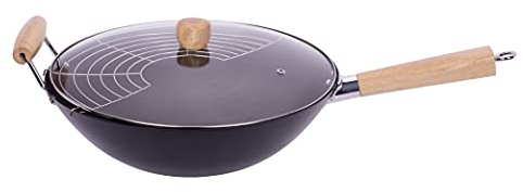 Smile SPC-3 Wok de Acero al Carbono 35cm Inducción, Antiadherente sin PFOA, Mango Ergonómico Madera, Tapa Cristal, Espátula Bambú, Apto Todas Las Cocinas, Vitrocerámica, Gas, Eléctrica, Negro