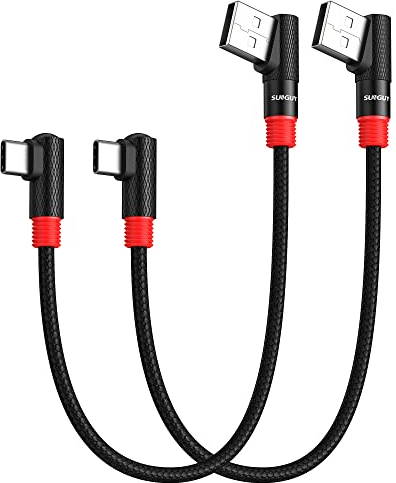 SUNGUY USB to USB C Cable Right Angle [2-Pack 1FT/30CM] 3A 90 Degree USB Type C Charger Cable Fast Charging Nylon Braided for iPhone 16/15 Pro Max Samsung S24 S23 Ultra S22 S21 S10 S9,Pixel,Note 20,LG