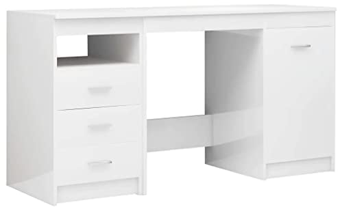 vidaXL Schreibtisch mit 3 Schubladen 1 Tür Computertisch Bürotisch Laptoptisch Büromöbel PC Tisch Arbeitstisch Hochglanz-Weiß 140x50x76cm Holzwerkstoff