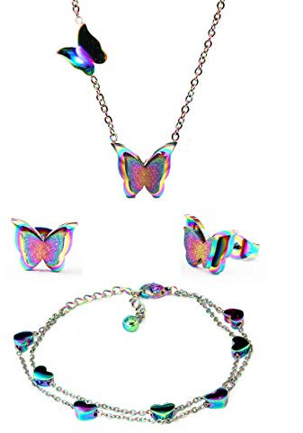 Kaguyo Jewellery Set for Women, Rose Gold Plated Stainless Steel Disc Circle Charms Pendant Necklace with Circle Earrings and Gold Bracelets - Minimalist Women's Jewelry Set (butterfly jewellery sets)