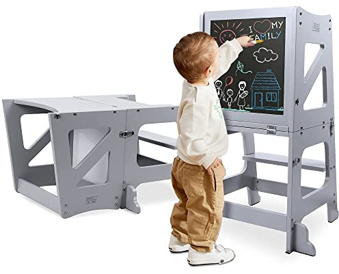 YOLEO Torre Aprendizaje Transformer, Torre Montessori para niños y bebés, Plegable Learning Tower con Pizarra Blanca y Negra magnéticas, Gris - Madera