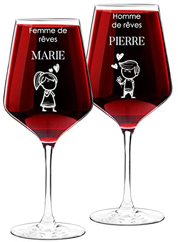Maverton Set de 2 verre a vin en Cristal - Verres gravés 530 ml - Verres XL Cadeau Personnalisé - Cadeau couple - Set a vin pour parents - cadeau mariage - Rêves