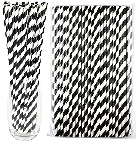 Longues pailles en papier jetables 26x0,6cm, 100 pièces - Rayures noires/blanches, pour jus de fruits, boissons, sodas, eau, cocktails - Respect de l'environnement