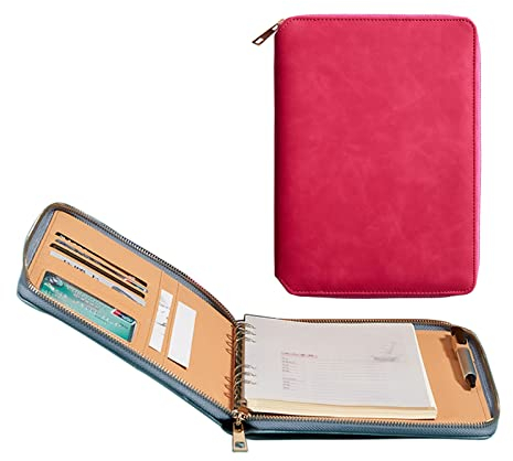 BLUNOA Schreibmappe A5 Konferenzmappe Leder Dokumentenmappe Mit Reißverschluss Geschäfts Organizer Mit Schreibblock Kartenhalter Stifthalter Für Damen Und Herren (Color : Pink)