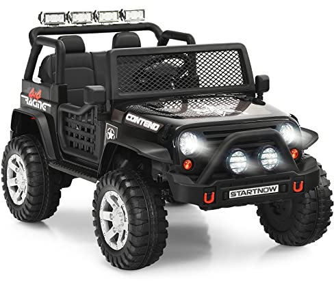 COSTWAY 12V Kids Electric Ride on Truck, Battery Powered Off-road Car with Remote Control, LED Lights, Horn, Music, 4 Spring Suspension Wheels Vehicle Toy for Children (Black)
