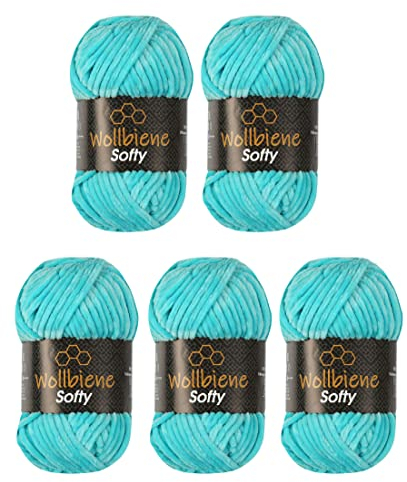 Wollbiene Softy 5 x 100 Gramm chenille wolle zum häkeln Strickwolle, Babywolle, 500 Gramm Chenille Wolle Super Bulky crochet yarn (azure 32)