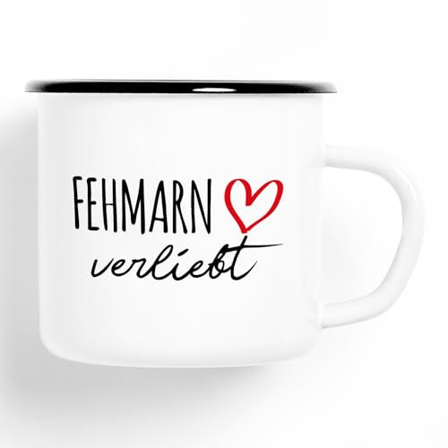 Huuraa Emaille Tasse Fehmarn verliebt Geschenk 300ml Vintage Fehmarn Geschenkidee