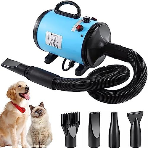 AHWOiHS Secador de Pelo para Perros, Secador de Pelo para Mascotas de 2800 W con Velocidad Continua Profesional Secadores para Perros con 4 Boquillas para Perros y Gatos (Azul)