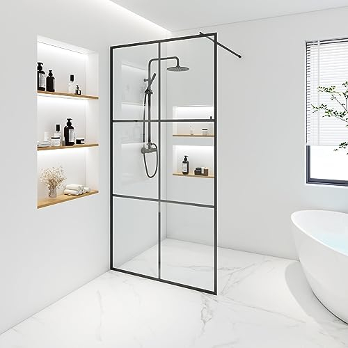 Home Deluxe - Duschabtrennung - BAKI - Breite: 150 cm, Schwarzer Rahmen, Klarglas, 6 Raster Optik - 10 mm ESG - Sicherheitsglas I Walk in Dusche, Duschwand, Duschtür
