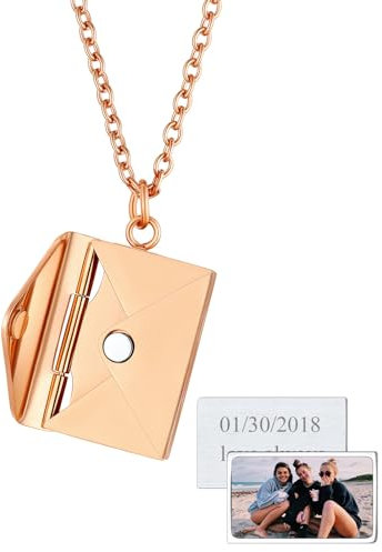 FindChic Liebesbrief Umschlag öffenbares Foto Medaillon Anhänger mit Gravur Edelstahl Bild Halskette Geschenk für Frauen Mutter Freundin Ehefrau, Rosegold