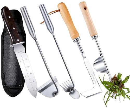Yungyan El juego de 5 herramientas de desmalezado incluye cuchillo de desmalezado Hori, herramienta de desbrozador de grietas de 5 dientes, herramienta de extracción de malezas en forma de L, azada de