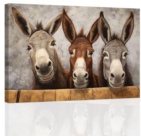 ZXHYWYM Bauernhaus Esel Wanddekoration lustige Bauernhoftier Wandbilder ländliche Esel Gemälde rustikaler Leinwanddruck Kunstwerk mit Rahmen (A (30.00 x 45.00 cms))