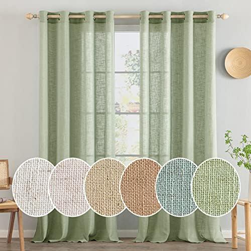 MIULEE Gardinen Vorhänge mit ösen Voile Vorhang kurz Modern Leinenoptik Halbtransparent Ösenvorhang für Wohnzimmer Kinderzimmer Raumteiler 2er Set Grün 137x140 cm