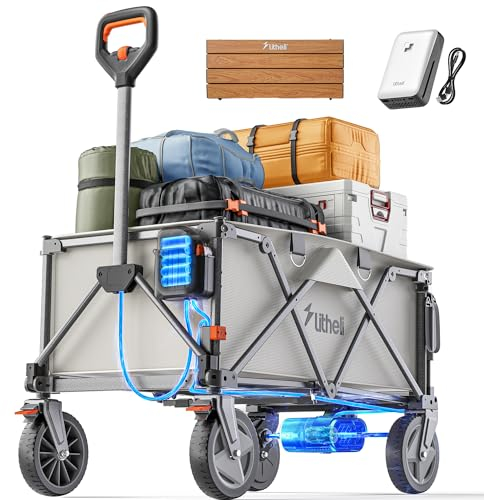 Litheli Elektrokarre Bollerwagen Faltbar, Handwagen Klappbar mit Bremsen 200L 60KG Belastbar, Faltbollerwagen geeignet für Camping, Garten, Strand, Einkauf (Beige, 1 Batterie+Tischplatte