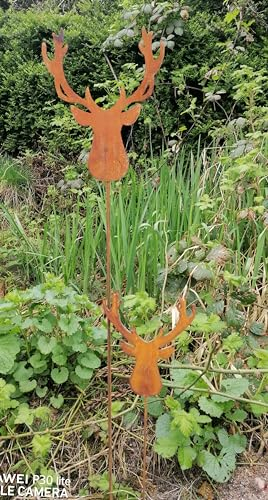 Generisch NEU ! 2er Set Gartenstecker - Elchkopf 115 cm + 64 cm lang aus Metall in Edelrost Gartendeko Rankhilfe Geweih Jäger Jagd Wald Weihnachten