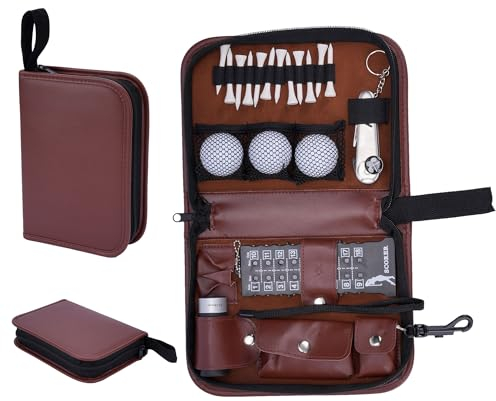 aleawol Organizador de regalos de golf, juego de accesorios de golf, bolsa de golf de piel sintética (incluye pelotas de golf, telémetro, picos de golf, cepillo, cuchillo multifuncional Divot,