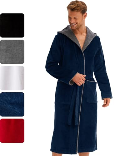 Morgenstern Bademantel Herren Kapuze 100% Baumwolle Frottee OEKO-TEX Velours Morgenmantel Lang Finn Navy Blau XL