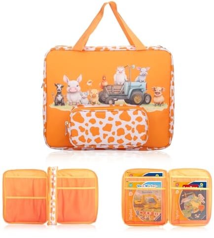 Doppeltasche Tasche für TipToi Bücher Plus Tiptoi Stift,Kabel und Zubehör,Platz für bis zu 5-10 Starterset Buch für TipToi Schutzhüllen-Organizer, Kinder Tablet und Edurino Figuren (Orange)