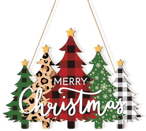 Wooden Christmas Tree Door Wreath for Front Door Sign Wall Signs, Merry Christmas Sign Black White Buffalo Plaid Welcome Hanging for Home Wall Decor Xmas Party Outdoor Indoor Supply
