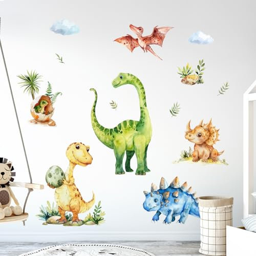 Tanlaby Wandtattoo Dinosaurier Groß Wandaufkleber Aquarell Dino Wandsticker Dschungel Tiere Palmen Wanddeko Sticker für Babyzimmer Jungen Kinder Schlafzimmer Spielzimmer Klassenzimmer