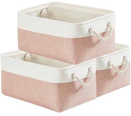 Mangata Lot de 3 boîtes de rangement rectangulaires en tissu doux, multi-tailles, pour étagère, armoire, jouets et vêtements, 36 x 26 x 18 cm, rose et blanc (taille M)