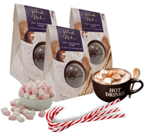Hot Chocolate Gift Set - Velvet Rich Hot Chocolate Bombs with Marshmallows and Candy Canes - Christmas Eve Box Fillers, Stocking Fillers for Kids, Men & Women, Perfect for Hot Chocolate Stations
