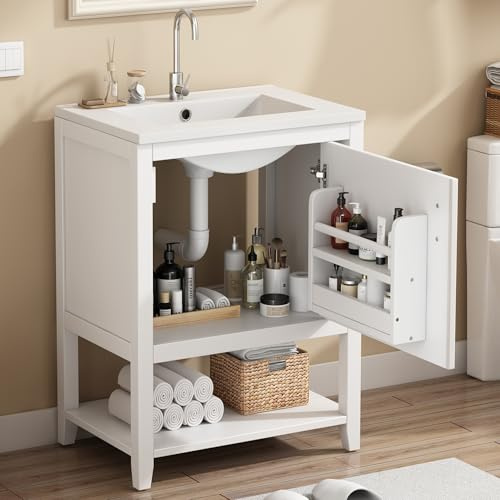 BNUZ Mobile da bagno singolo, 60 cm, con lavabo in ceramica, con ripiano, bianco, armadio (bianco)