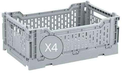 Box and beyond - Lot de 4 Caisses de Rangement pliables - 40 x 30 x 15 cm - Plastique Gris - Pliables - Avec Poignées - Rangement - Cuisine, Bureau, Chambre, Salon - Style Simple et Pratique