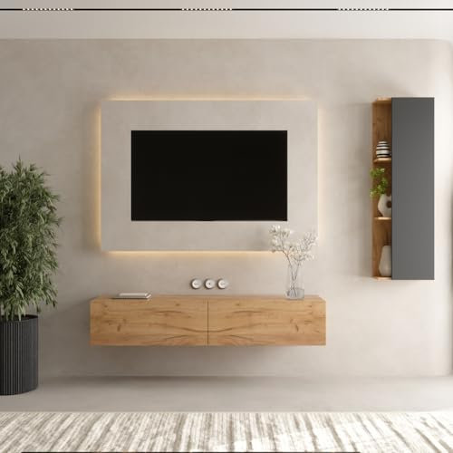 Planetmöbel - Mueble para TV (160 cm de largo, 160 x 30 x 37,8 cm, colgante de roble dorado