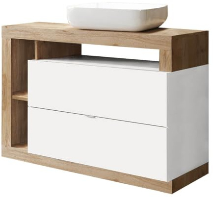 AltoBuy Arturo - Meuble Vasque 110cm 2 tiroirs Blanc laqué et Aspect Bois Finition Cadiz