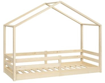 Bellabino Abia Kinderbett 90x200 cm – Hausbett mit Rausfallschutz & Lattenrost – Montessori Bodenbett aus Massivholz Kiefer – Kinder Bett in Natur für Jungen und Mädchen