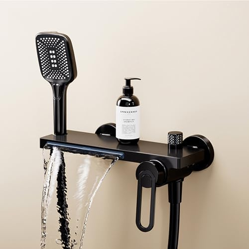 MocArt N502 Vollkupfer Badezapfen, Kalt-Warm-Regelung, Wandmontage, Handbrause mit 3 Stufen & Wasserfall-Auslass – Ideal für Badezimmerumbau und Modernisierung (Schwarz)