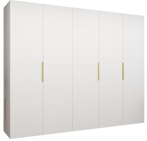 MEBLE KRYSPOL - Kleiderschrank - Drehtürenschrank - Schrank 250x202x52cm - Moderner Garderobenschrank Schlafzimmer, Flur, Jugendzimmer - Farbe Weiß, Griff Gold - Marbella 1 250