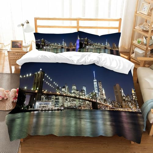 NIOYNJIS Bettwäsche Set 100% Baumwolle ist,New York, New York City Skyline von New York, Brooklyn Bridge bei Nacht,und allem auch für Personen mit Hautsensibilisierung empfohlen 152x203cm