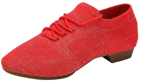 Damen Tanzschuhe Ballsaal Latein Jazz Dance Übungsschuhe Schnürschuhe Strick Mesh Atmungsaktiv Cheerleading Schuh Yoga Gym Low Heels Weiche Sohle Sneaker, rot, 37.5 EU