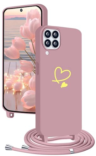 YANJIEER für Samsung Galaxy A12 Handyhülle mit Band, Mädchen Frauen Handykette Case mit Süßes Herz Love Motiv, Umhängen Kordel, Dünn Silikon Stoßfeste Schutzhülle Cover Rosa