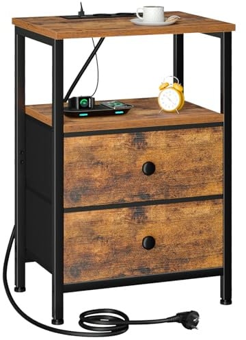 AMHANCIBLE Nachttisch mit Ladefunktion, Beistelltisch mit 2 Stoffschubladen | Sofatisch mit offenem Regal, 2USB-Anschlüssen & 2 Steckdosen, Nachtschrank für Schlafzimmer, Wohnzimmer, Braun ETS020BR-1