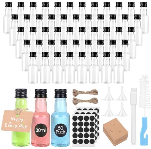 50 Stück Kleine Flaschen zum Befüllen, 25-30mL Mini Fläschchen Likörflaschen, Schnapsflaschen zum Befüllen, Schnapsflaschen mit Deckel, Stift, Etiketten, Trichter, Bürste für Hochzeiten Party Whiskey
