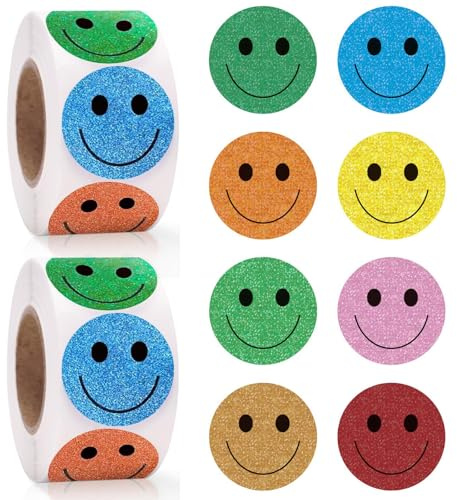 1000Smiley Aufkleber 25mm Happy Face Rund Aufkleber 2 Rollen Glitzer Smiley | Anreizaufkleber Geeignet für Belohnungen, Geschenke,Geschenkdekorationen und Partydekorationen