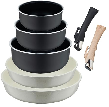 Set de 2 poêles Ø22Ø2Ø26cm en fonte d'aluminium blanc + 3 casseroles Heat Dot Ø16Ø18Ø20cm Aluminium pressé noir + 2 poignées amovibles Click&Cook Bergner