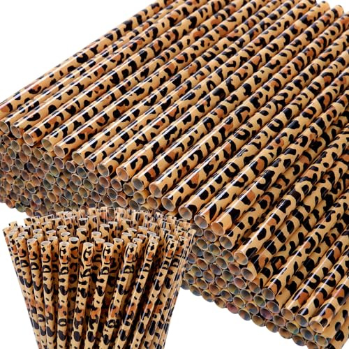 Domensi 50 Pcs Plastic Straws Disposable Drinking Hard Plastic Straws Reusable Striped Flag Summer Party Supplies for Birthday Decoration (Leopard Print)